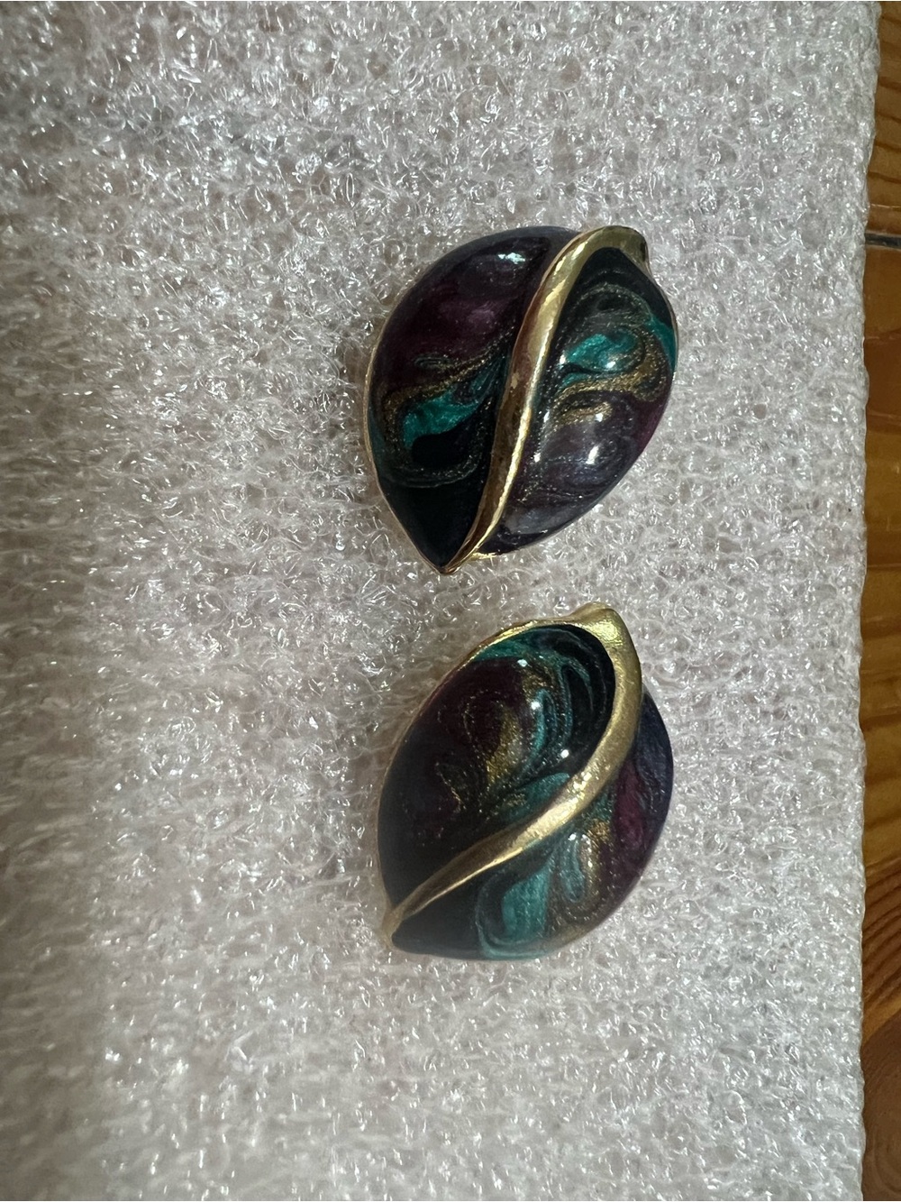 Gold-Trim Teal and Purple Resin Dome Earrings